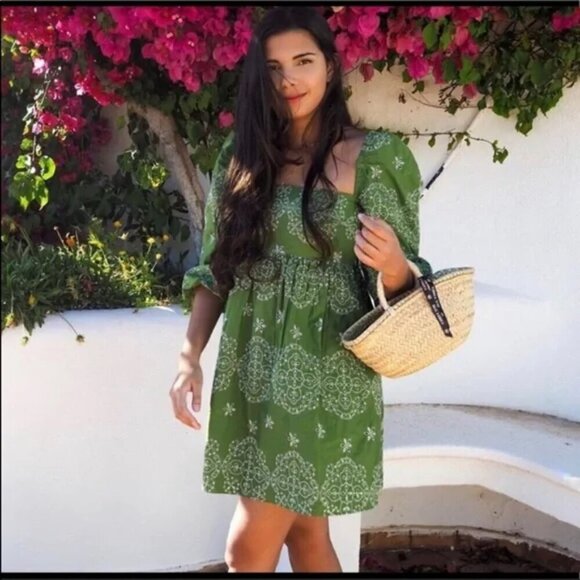 Zara Women's Blogger's Favorite Green Embroidered Puff Sleeve Dress- Size XS - Picture 6 of 16